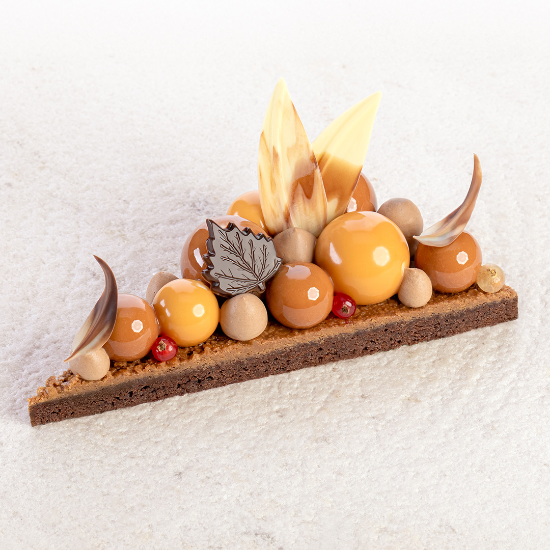 Autumn dessert combines brownie, vanilla and hazelnut mousse
