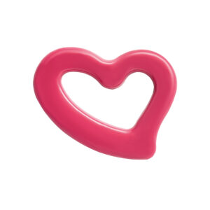 A large, raspberry-coloured chocolate heart outline with a modern, slightly asymmetrical 3D design