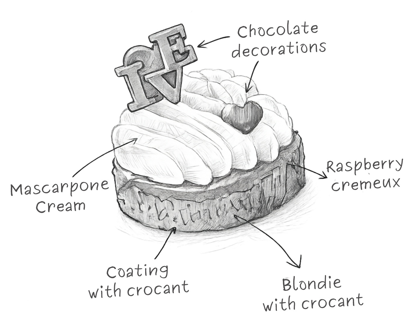 Blondie with crocant, raspberries and mascarpone cream